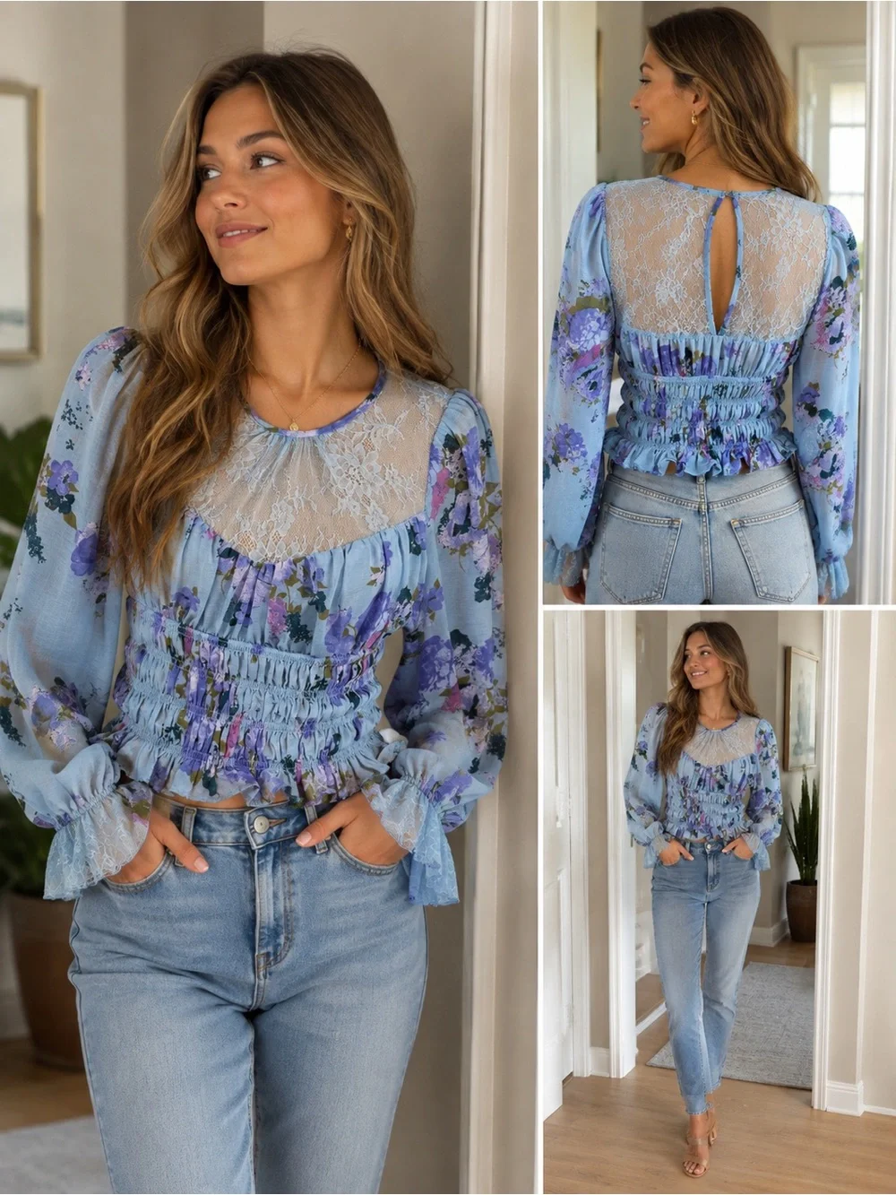 Free People Daphne Blouse in Silver Blue Combo Floral Lace Small NWT